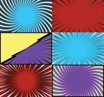 Comic book colorful frames background with halftone rays radial and dotted effects pop art style vector