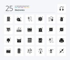 paquete de iconos de 25 glifos sólidos de electrónica que incluye carga. Desplazarse. USB. ratón. proceso vector