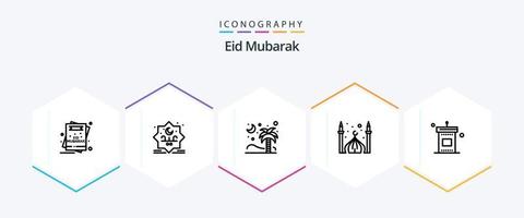 Eid Mubarak 25 Line icon pack including moon. masjid. stamp. mosque. islamic vector