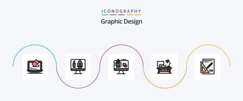 paquete de iconos de 5 planos llenos de línea de diseño gráfico que incluye el diseño. negocio. computadora. mesa de oficina. Lámpara de mesa vector