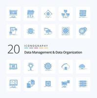 20 gestión de datos y organización de datos paquete de iconos de color azul como gestión de progreso de procesos de nube de documentos vector