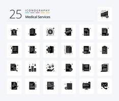 paquete de iconos de 25 glifos sólidos de servicios médicos, incluido el hospital. cuadro. dinero. informe. contrato vector