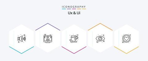 Ux And Ui 25 Line icon pack including like. app. tea break. favorite. vision vector