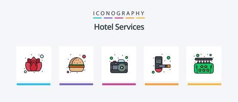 la línea de servicios del hotel llenó el paquete de 5 iconos, incluida la llave. servicio. ocupado. menú. percha. diseño de iconos creativos vector