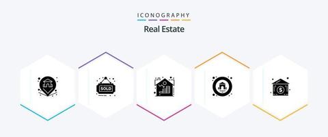 paquete de iconos de 25 glifos de bienes raíces que incluye bienes raíces. casa dolar. bienes. bienes raíces. hogar vector