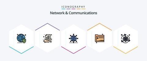 Network And Communications 25 FilledLine icon pack including files. folder. hand. world. network vector