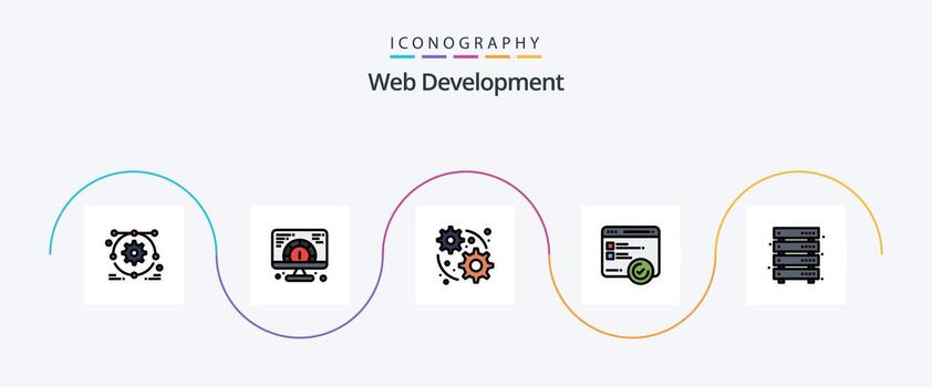 la línea de desarrollo web llenó el paquete de iconos planos 5 que incluye almacenamiento. almacenamiento de datos. web. datos. pruebas vector