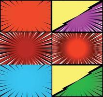 Comic book colorful frames background with halftone rays radial and dotted effects pop art style vector