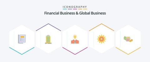 negocios financieros y negocios globales 25 paquete de iconos planos que incluye dinero. dinero. hombre. configuración. crecimiento vector