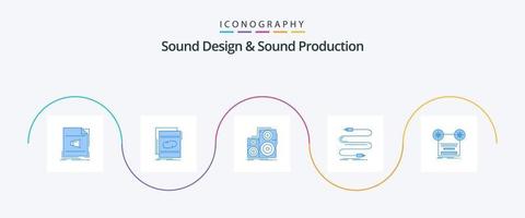 Paquete de 5 íconos azules de diseño y producción de sonido que incluye cable. audio. mezcla. estudio. monitor vector