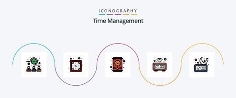 la línea de gestión del tiempo llenó el paquete de iconos planos 5 que incluye la noche. reloj. reloj. mirar. digital vector