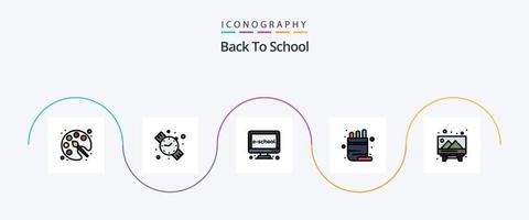 la línea de regreso a la escuela llenó el paquete de iconos planos 5 que incluye la imagen. lápiz. educación. maceta. escuela vector