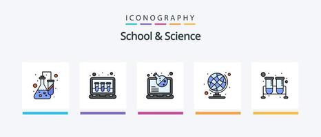 la línea de la escuela y la ciencia llenó el paquete de 5 íconos, incluido el cuaderno. tarea. químico. alfiler. nota. diseño de iconos creativos vector