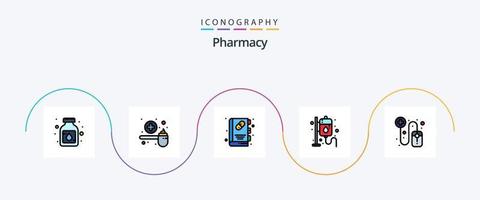 paquete de iconos de 5 planos llenos de línea de farmacia que incluye en línea. medicamento. cucharón. salud. libro medico vector