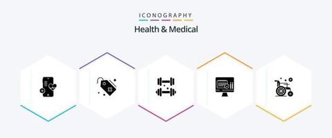 Health And Medical 25 Glyph icon pack including wheel. calender. dumbbell. date. medical vector