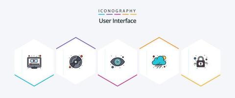 Interfaz de usuario Paquete de iconos de 25 líneas completas que incluye . seguro. globo ocular. cerrar con llave. clima vector