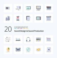 20 diseño de sonido y paquete de iconos de color plano de producción de sonido como auriculares de monitor de sonido de estudio de masterización vector