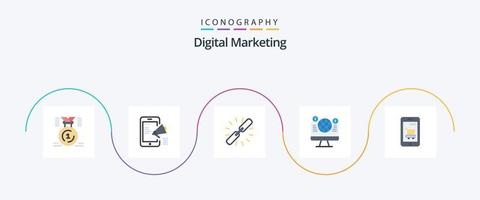 paquete de iconos planos de marketing digital 5 que incluye computadora. sitio web. móvil. web. cadena vector