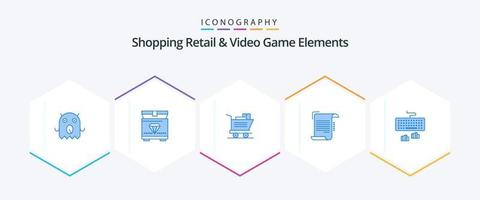 Shoping Retail And Video Game Elements 25 Blue icon pack including typing. interface. basket. keyboard. paper vector