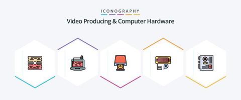 paquete de iconos de 25 líneas completas de producción de video y hardware de computadora que incluye computadora. datos. computadora portátil. conexión. disco rom vector