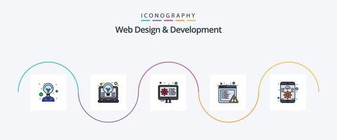 La línea de diseño y desarrollo web llenó el paquete de iconos Flat 5 que incluye software. aplicación codificación. error. alerta vector