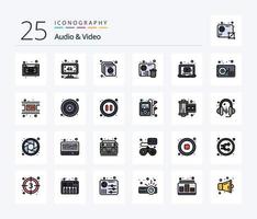 paquete de iconos llenos de 25 líneas de audio y video que incluye reproductor. computadora portátil. recopilación. jugador. fallar vector