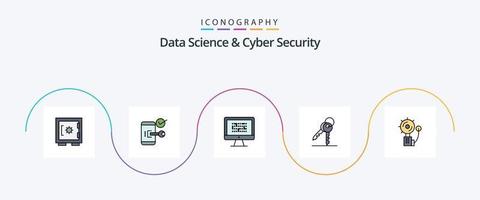 La línea de ciencia de datos y seguridad cibernética llenó un paquete de iconos planos 5 que incluye llaves. problema. teléfono. información. ddos vector