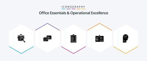Office Essentials And Operational Exellence 25 Glyph icon pack including process. id. notepad. identity. pass vector