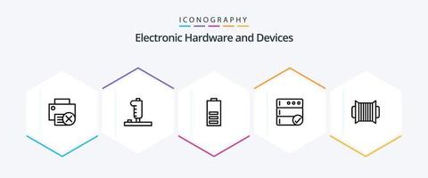 paquete de iconos de 25 líneas de dispositivos que incluye acordeón. base de datos. palanca de mando. respaldo. energía vector