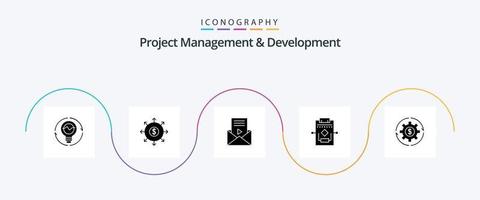 paquete de iconos de glifo 5 de gestión y desarrollo de proyectos que incluye el proceso. flujo de trabajo. bancario. vídeo pág. mensaje vector