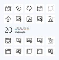 paquete de iconos de 20 líneas multimedia como cargar la aplicación de pestañas de sincronización de imágenes vector