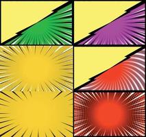 Comic book colorful frames background with halftone rays radial and dotted effects pop art style vector