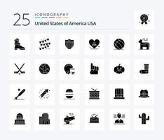 Paquete de iconos de 25 glifos sólidos de EE. UU., incluido EE. UU. pelota. seguridad fútbol. americano vector