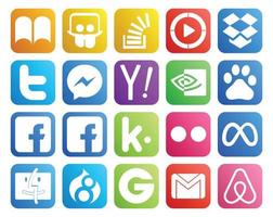 paquete de 20 íconos de redes sociales que incluye kik baidu dropbox nvidia yahoo vector