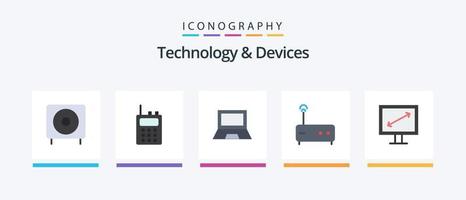 Paquete de 5 iconos planos de dispositivos que incluye pantalla. enrutador ordenadores. módem. computadora portátil. diseño de iconos creativos vector