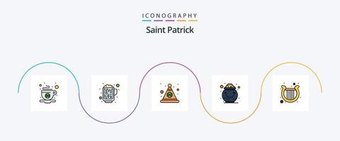 la línea de san patricio llenó el paquete de iconos planos 5 que incluye arpa. Patricio. gorra. suerte. fortuna vector