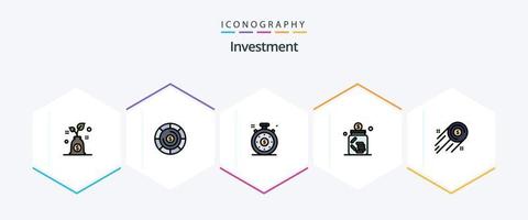 paquete de iconos de 25 líneas completas de inversión que incluye inversión. moneda de dólar velocímetro. negocio. frasco vector