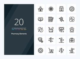 Icono de contorno de 20 elementos de farmacia para presentación. vector