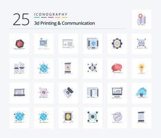 3d Printing And Communication 25 Flat Color icon pack including holographic. 3d. printer. software. processing vector