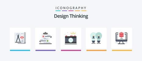 Design Thinking Flat 5 Icon Pack que incluye la solución. bulbo. papel. captura. foto. diseño de iconos creativos vector