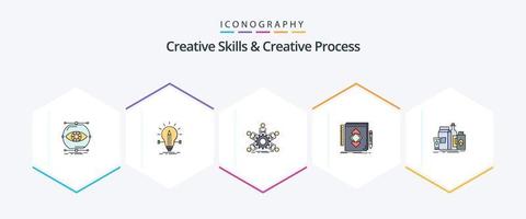 Habilidades creativas y proceso creativo Paquete de iconos de 25 líneas completas que incluye identidad. diseño. luz. trabajo en equipo. liderazgo vector