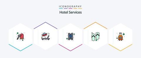 Hotel Services 25 FilledLine icon pack including travel. luggage. pass. bag. wellness vector