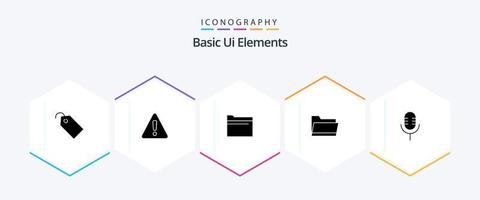 Elementos básicos de la interfaz de usuario Paquete de iconos de 25 glifos que incluye micrófono. almacenamiento. carpeta. datos. carpeta vector