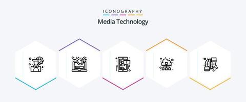 paquete de iconos de 25 líneas de tecnología de medios que incluye computadora. nube. social. tráfico de datos. datos vector