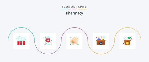 Paquete de iconos de 5 planos de farmacia que incluye medicamentos. mostrador de información. mano. recepcion hospitalaria. encimera vector