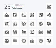 Audio And Video 25 Line icon pack including camera. video. audio. fail. video vector