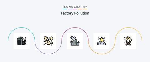 la línea de contaminación de la fábrica llenó el paquete de iconos planos 5 que incluye. contaminación. fábrica. basura. quemar vector