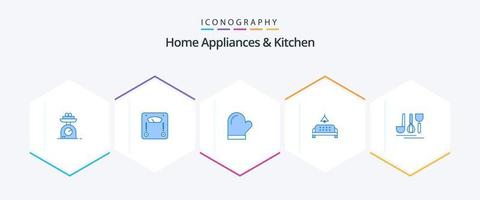 Paquete de 25 íconos azules de electrodomésticos y cocina que incluye . servicio. horno. hotel. hogar vector