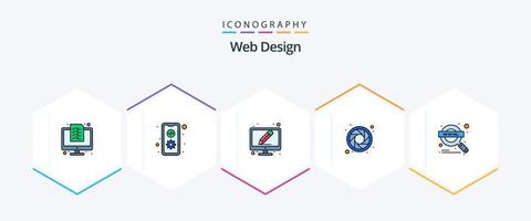paquete de iconos de 25 líneas completas de diseño web que incluye lupa. rueda de color. móvil. color. escribir vector