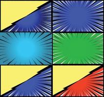 Comic book colorful frames background with halftone rays radial and dotted effects pop art style vector